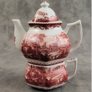 Victorian English Toile Transferware Red & White Tea For One Set